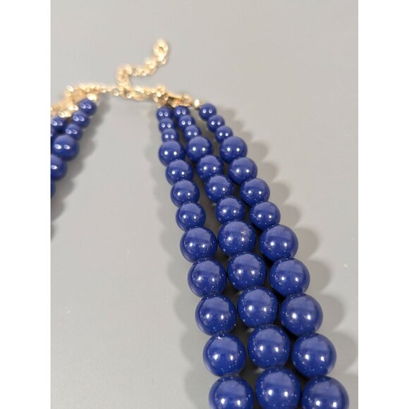 Blue Round Bead Triple Strand Necklace Statement Classic Retro 20 - Picture 4 of 7